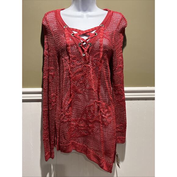 Inc International Concepts Top Womens M Red Mesh Asymmetrical Crochet Cover Up - Picture 1 of 7